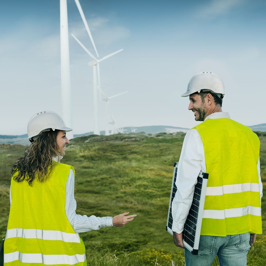 Experts for sustainability initiatives in front of wind turbines