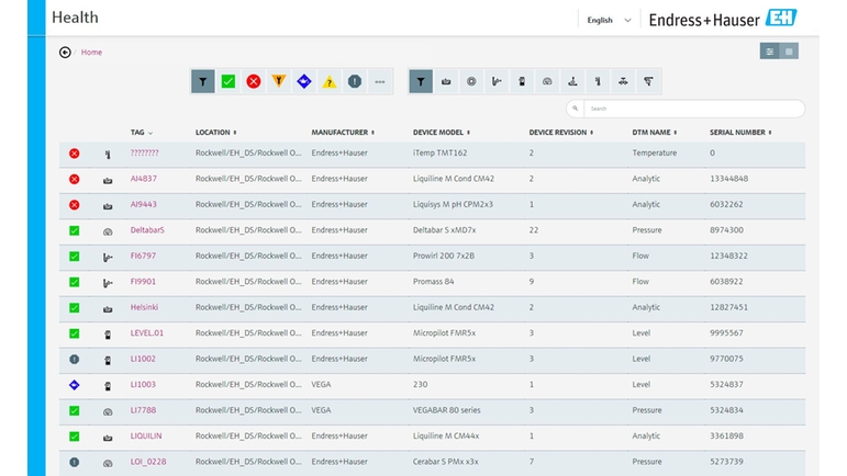 The Asset Health Monitor enables easy filtering by status, tag, device type, vendor or location.